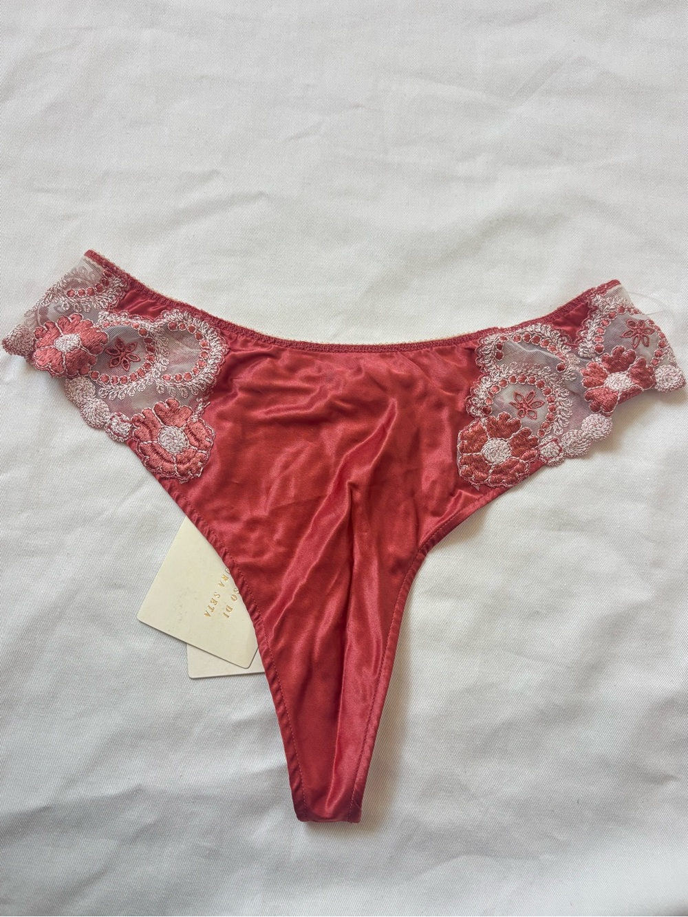 Vintage La Perla Pink Silk Thong with Floral Lace